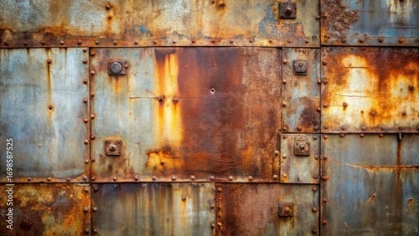 Fototapeta Rustic Steel Paneling with Oxidized Texture and Rivets A Weathered Industrial Background