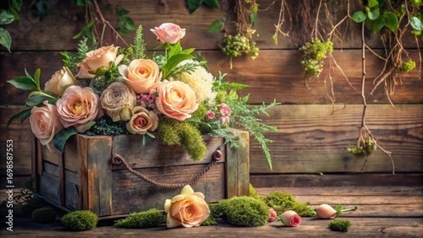 Fototapeta Rustic Wooden Box Overflowing with Delicate Peach Roses and Lush Greenery, a Serene Floral Arrangement Against a Weathered Wooden Background
