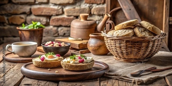 Fototapeta Rustic Breakfast Scene with Egg and Vegetable Toasts, Artisan Bread, and Herbal Tea