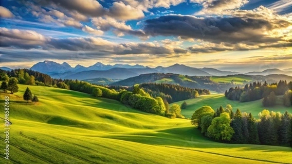 Fototapeta Serene Rolling Hills Landscape at Sunset with Majestic Mountain Range in the Background