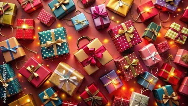 Fototapeta A Festive Collection of Wrapped Gifts with Golden Ribbons and Lights on a Rich Red Background