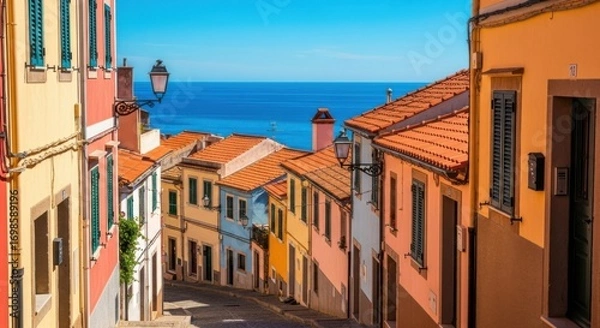 Obraz Colorful Mediterranean Coastal Village Street with Red Tiled Roofs and Ocean View