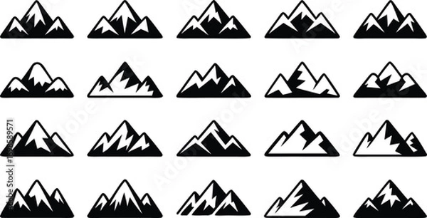 Fototapeta Collection of mountain icons isolated on white background, showcasing various shapes and styles, perfect for outdoor adventure and naturethemed designs 