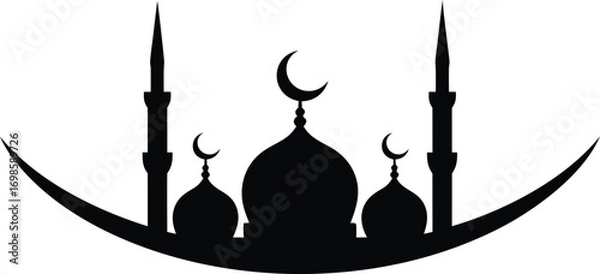 Fototapeta Silhouette of a mosque with minarets and crescent moons isolated on white background, representing islamic architecture and religious symbolism 