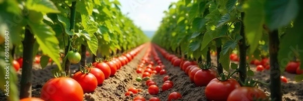 Fototapeta Endless rows of vibrant red ripe tomatoes growing on the vine in a sunny summer field, ready for harvest A picturesque scene of agricultural abundance , green, planting