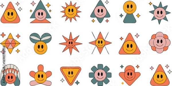Fototapeta Collection of groovy retro style smiley face icons isolated on white background 