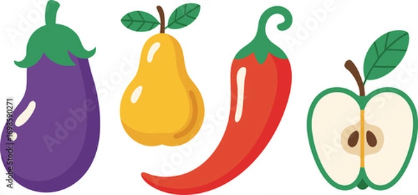 Fototapeta An icon of a set of fresh, ripe, and healthy red and green chili peppers and other organic vegetables on a white background