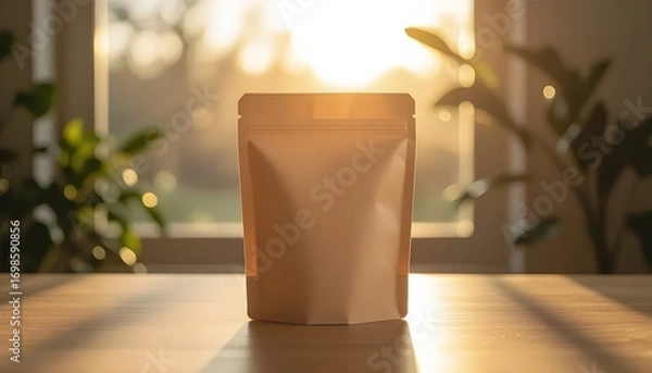 Fototapeta Kraft Paper Pouch Mockup on Wooden Table With Sunrise Light