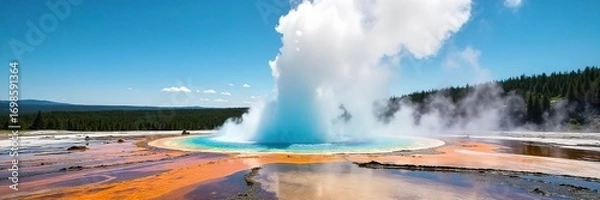 Fototapeta Spectacular geyser erupting, sending scalding water high into the air against a vibrant blue sky A dramatic display of geothermal power in a stunning natural landscape , thermal, earth