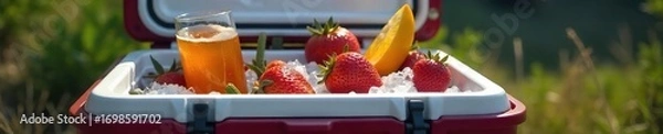 Fototapeta Sleek, modern cooler filled with ice and refreshing drinks, ready for adventure Perfect for camping, picnics, or backyard barbecues , fun, sun, travel