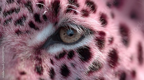 Fototapeta Extreme close-up of a surreal pink leopard's eye, showcasing the detailed texture of its spotted fur.