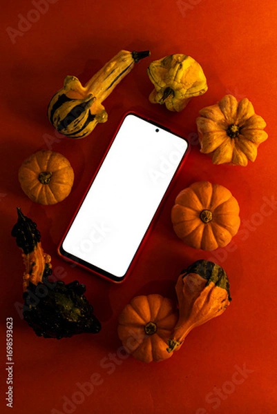 Obraz Vertical shot of mobile phone with a blank white screen, placed amidst a variety of colorful autumn gourds and pumpkins on a vibrant orange background.