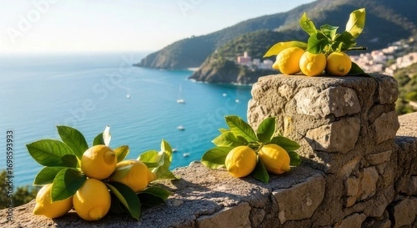 Obraz Lemon Fruits with Green Leaves on Stone Wall Overlooking Sea and Coastal Hills