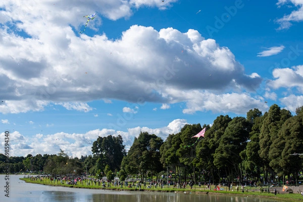 Obraz Crowds gather at a park on a sunny day by the water, enjoying kite flying and outdoor activities under a vibrant blue sky filled with clouds.