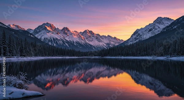 Fototapeta Snowy mountains reflect lake sunset colors