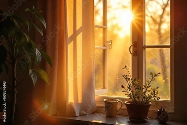 Fototapeta Golden hour sunlight streams through a window, illuminating dust motes dancing in the warm rays on a peaceful Sunday morning Perfect for relaxation, serenity, and home themes , relaxation, shadow