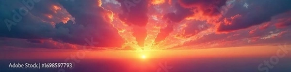 Fototapeta Fiery hues paint the sky as the sun dips below the horizon, igniting a breathtaking display of color in the clouds Perfect for travel, nature, and weather themed projects , awesome, pink, idyllic