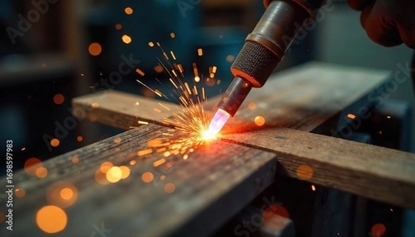 Fototapeta Close-up shot of a welder's torch fusing two wooden planks together, sparks flying, creating a strong and durable joint Perfect for construction, DIY, and woodworking projects , molten, DIY, hot