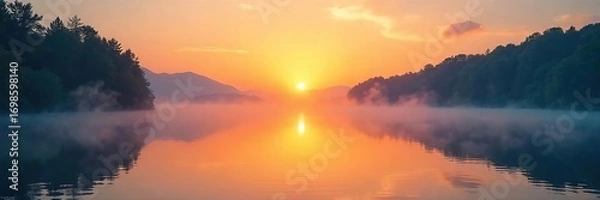 Fototapeta Serene sunrise over a tranquil lake, mist clinging to the water's surface, conveying peace and spiritual awakening Perfect for meditation, yoga, and mindfulness themes , dawn, divine, mystical
