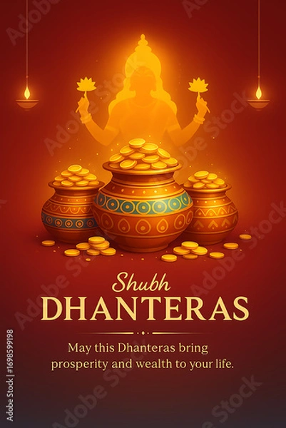 Fototapeta Shubh Dhanteras celebration illustration with golden pots filled with coins glowing diya and goddess silhouette symbolizing prosperity
