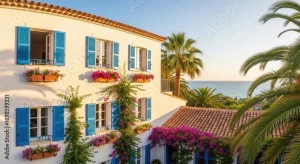 Fototapeta Bright White Mediterranean Style Building with Blue Shutters and Pink Flower Boxes Near Ocean