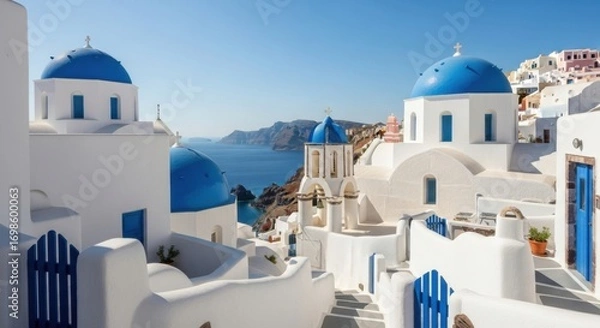 Obraz White Greek Church with Blue Domes in Santorini Island Overlooking the Sea