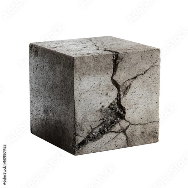 Fototapeta Png of cracked concrete cube isolated on transparent background, revealing weathered texture and structural damage, perfect for illustrating decay and strength