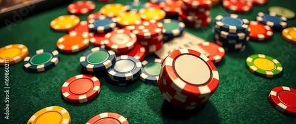 Fototapeta Abstract casino chips and dice scattered on a felt table,  stakes,  image