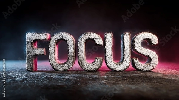 Fototapeta Textured metallic 'FOCUS' word with dramatic blue and pink lighting on a dark, smoky background, symbolizing concentration and determination.