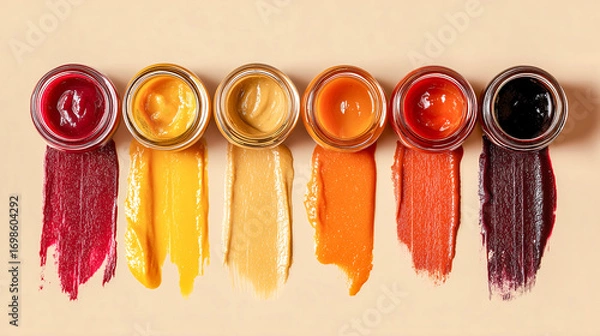 Fototapeta Top-down flat lay of open glass jars with colorful food spreads and sauces against a neutral backdrop