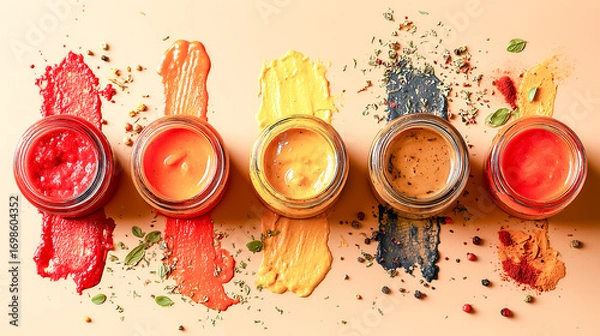 Fototapeta Vibrant flat lay of six small glass jars filled with colorful ingredients and spices on a textured surface