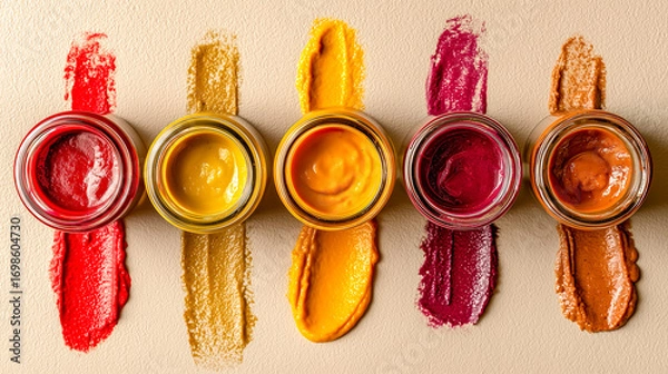 Fototapeta Overhead flat lay of five small glass jars with swirls of colorful cosmetics or paints