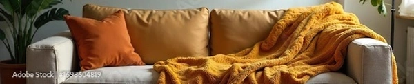 Obraz Cozy living room scene featuring a plush throw blanket draped over a sofa, adding warmth and texture to the home , soft, brown