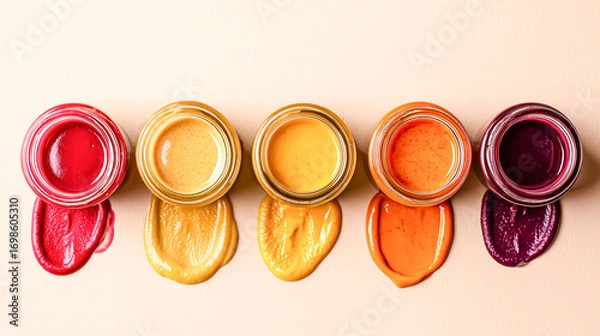 Fototapeta Overhead flat lay of five small glass jars with colorful liquids and swatches