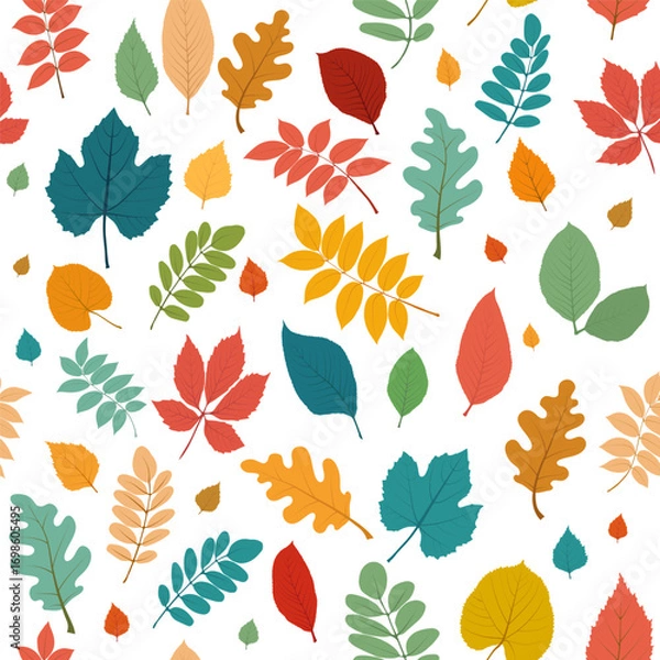 Fototapeta Seamless  pattern with different colorful autumn leaves: ash, chestnut, birch, grape. Perfect for textile, wrapping paper, wallpapers, seasonal backgrounds. Vector illustration on white background.
