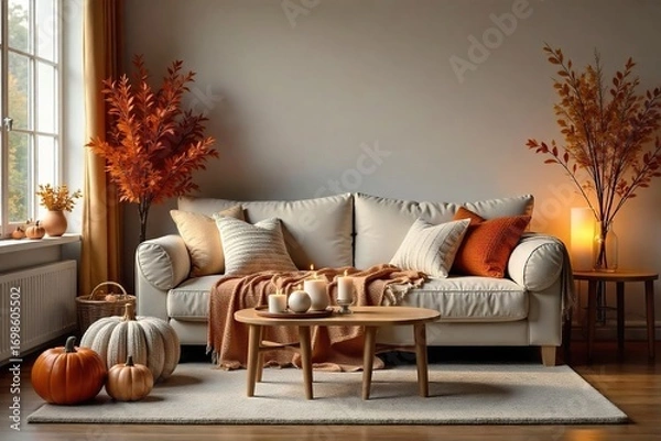 Obraz Cozy living room decorated with throw pillows, blankets, and candles creating a warm and inviting atmosphere Perfect for autumn or winter , atmosphere, details