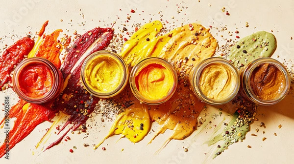 Fototapeta Six open glass jars filled with vibrant colored dips and sauces artistically arranged with spices and peppers