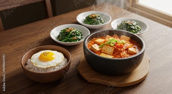 Fototapeta Kimchi,  a korean meal featuring kimchi stew with tofu and rice with an egg on a wooden table top