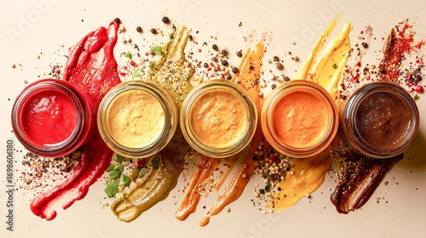 Fototapeta Vivid array of six open jars filled with delicious colorful dips sauces and spices