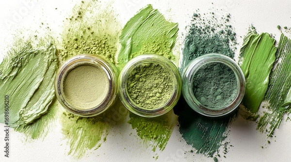 Fototapeta Top down view of three open glass jars filled with green substances and textures on a white surface
