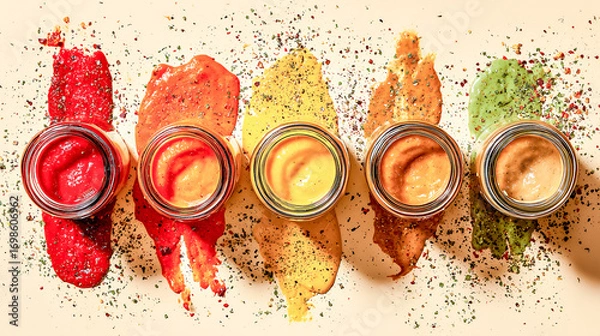 Fototapeta Vibrant flat lay of six small glass jars with colorful cosmetic creams and powders on textured surface