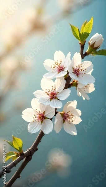 Obraz Delicate white blossoms on a flowering branch, bathed in soft spring sunlight, symbolize renewal and purity Perfect for spring themes, Easter, wedding, or nature projects , calm, renewal, floral