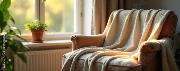 Obraz Cozy interior scene featuring comfortable pants casually draped over a chair near a window, soft natural light illuminating the fabric Relaxed, homey atmosphere , clothing, home, chair