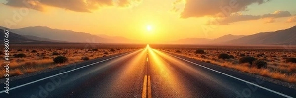 Obraz Endless asphalt ribbon stretches towards a hazy, sun-drenched horizon, marked only by distant, indistinct hills and the vast, open sky Perfect for travel, journey, and freedom themes , path, sunlight
