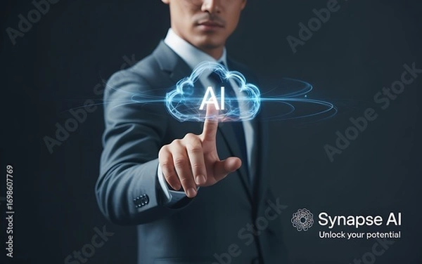 Obraz Businessman touching a digital cloud with ai text on a dark background
