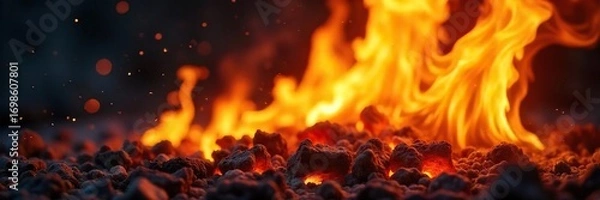 Obraz Close-up of vibrant orange and yellow flames licking upwards, intense heat and burning embers visible A powerful image depicting the destructive and captivating nature of fire , heat, ember, warm