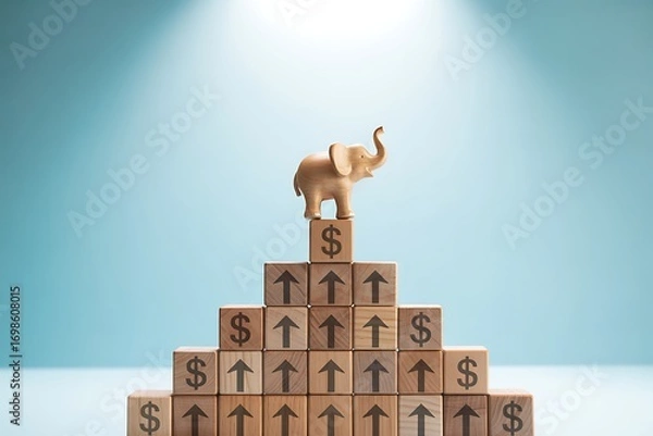 Obraz Elephant figurine standing on the top of wooden blocks with upward arrows