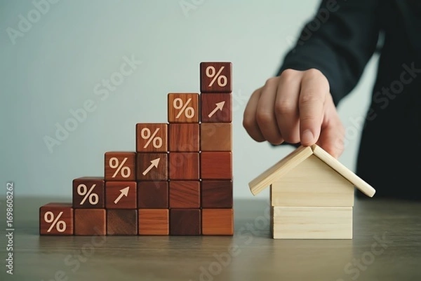 Obraz Rising interest rates concept with wooden blocks and house model on the table