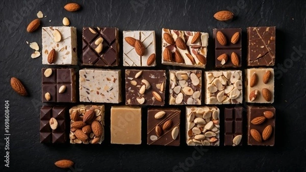 Obraz Festive christmas sweets decorated with almonds, creating nutty pattern against dark surface, showcasing holiday culinary artistry