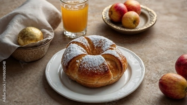 Obraz Powdered sugar-dusted star-shaped bread, golden chocolate egg, crimson apples, fresh orange juice composing holiday morning scene